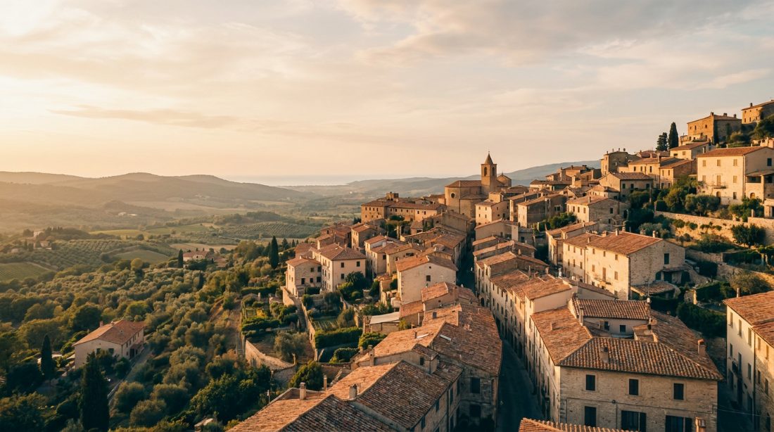Golden-hour light over a whitewashed Spanish hill town